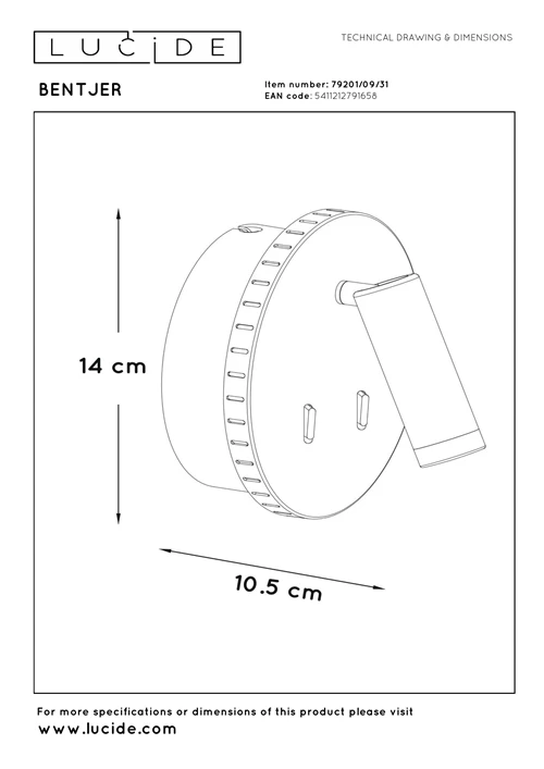 Lucide BENTJER - Bettlampe / Wandleuchte - Ø 14 cm - LED - 3000K - Weiß - technisch
